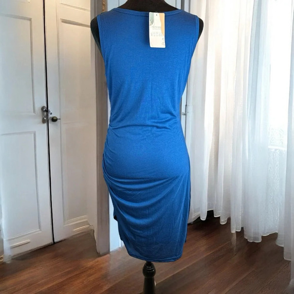Sleeveless Ruched Bodycon Dress Blue Casual Party Cocktail Club Midi - Picture 2 of 6